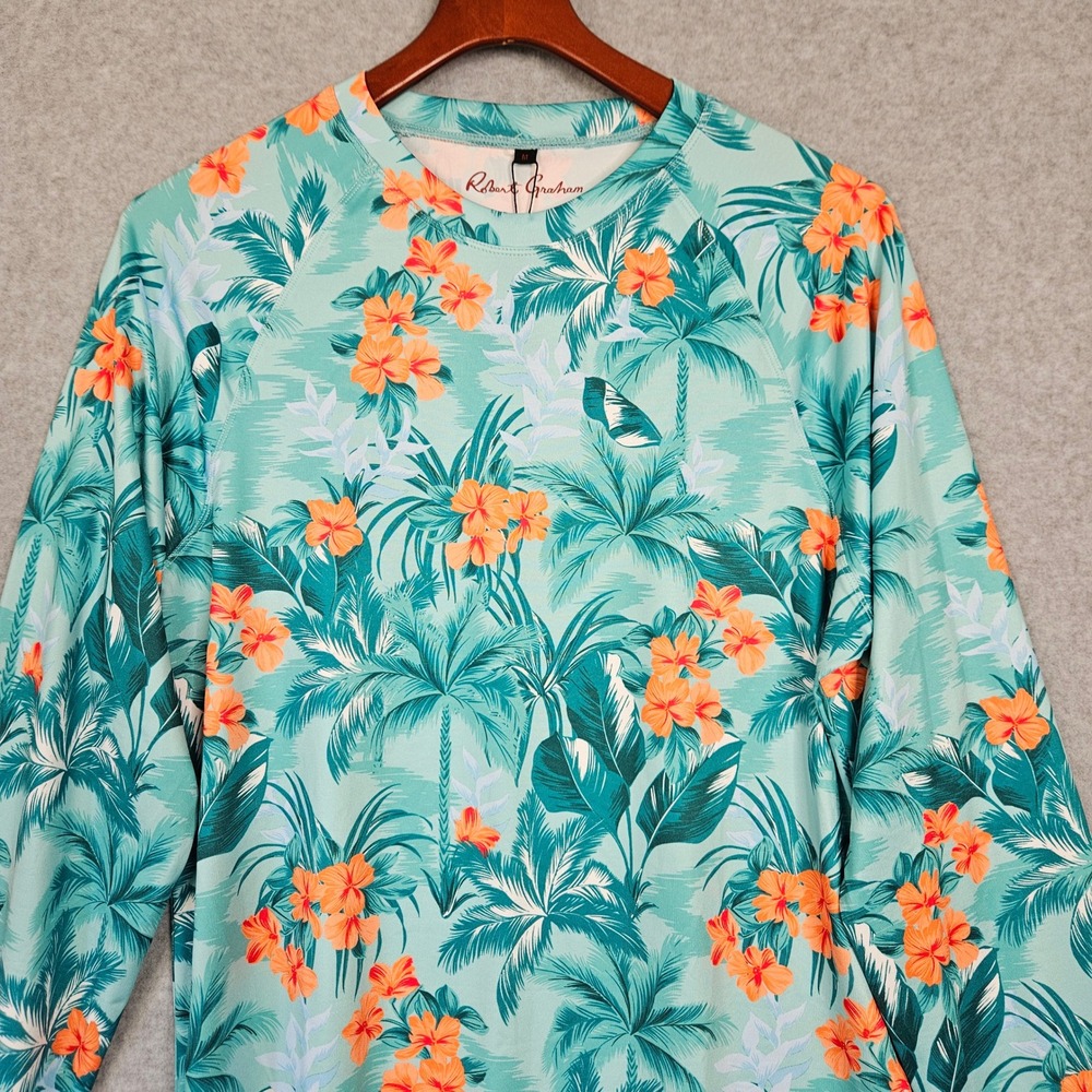 Robert Graham Mens Tropical Forest Rash Guard UPF 50+ Swim Shirt Teal Orange Med